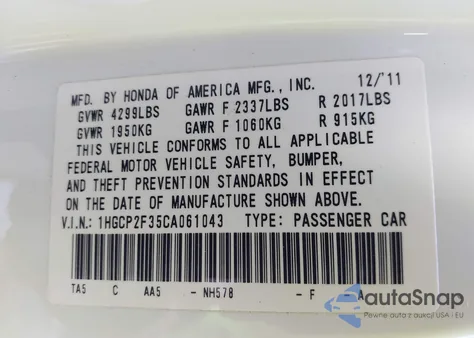 2012 Honda Accord 2.4 Lx from USA, damaged, VIN 1HGCP2F35CA061043